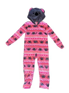 Justice Girls Size 8 Hooded Zip-Front Footless One Piece Pajamas Pink Koala - Picture 1 of 4