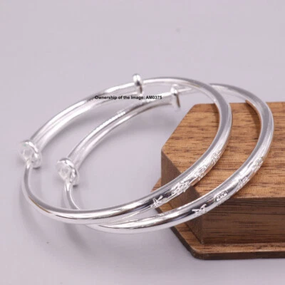 A PAIR OF Pure 999 Fine Silver Baby Bracelet Adjustable Bangle 1.57inch 长命富贵 - Image 1 of 4