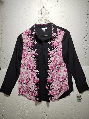 Charter Club Top Womens Large Black Floral Long Sleeve Casual Button Down Collar - Image 1 of 4