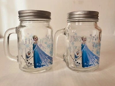 Conjunto de 2 frascos de pedreiro Disney Frozen Elsa, Olaf com alças e tampas de metal novo sem etiquetas - Imagem 1 de 4
