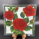 Peggy Karr Red Roses Flower Fused Glass Square Plate 9.5” Signed Valentines Day