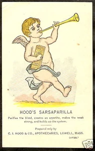 VICTORIAN TRADE CARD Lowell MA HOODS SARSAPARILLA Angel - Picture 1 of 2