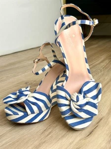 KATE SPADE JANAE STRIPED CANVAS PLATFORM WEDGE US 8.5 NEW WOMENS AUTHENTIC - Picture 1 of 7