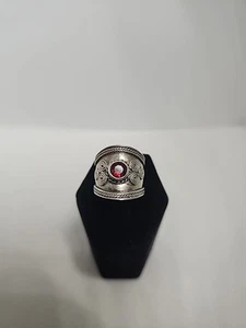 Sterling Silver Balinese Boho Style Wide Band Ring with Faceted Garnet Size 6.5 - Picture 1 of 9