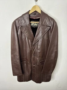 Vintage 70s Montgomery Ward Hippie Men 42T Brown Leather Coat Lined - Picture 1 of 12