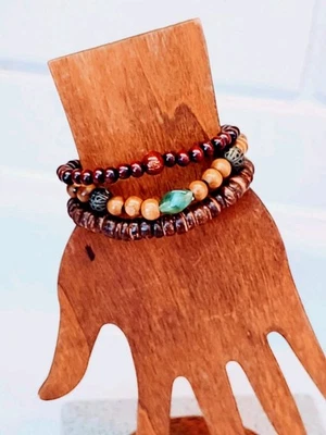 BOHEMIAN BRACELET SET WOOD BEAD COCONUT SHELL BEAD AND WOOD & AVENTURINE STONE - Image 1 of 4