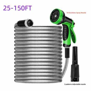 25/50/75/100/150FT Stainless Steel Flexible Garden Water Hose 2X Spray Nozzle - Picture 1 of 11
