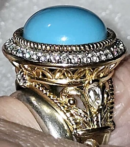 Blue Turquoise Halo CZ Cubic Zirconia HN HENG NGAI Sterling Silver Gold Ring - Picture 1 of 12
