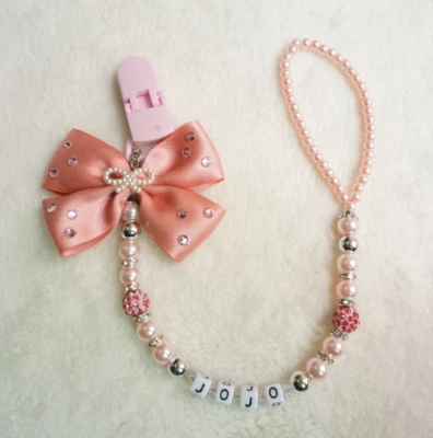 New Hand made bow pink and sliver beads dummy clip holder pacifier holder clip - Image 1 of 4