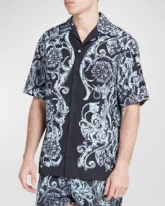 NEW $1125 VERSACE men's Cotton Barocco Stencil Print SHIRT 46/36/S Navy / Blue - Picture 1 of 17