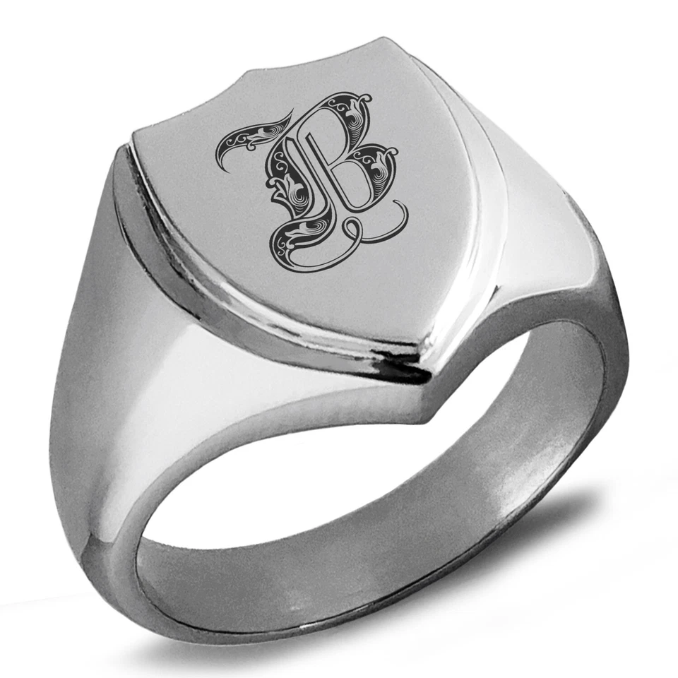 Anillo de sello de acero inoxidable con escudo con monograma real inicial letra B para hombre Foto 1 de 1