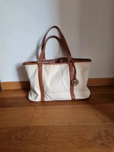 Shopping bag Michael Kors tote bag tela bianca e pelle marrone spiaggia borsa - Foto 1 di 14