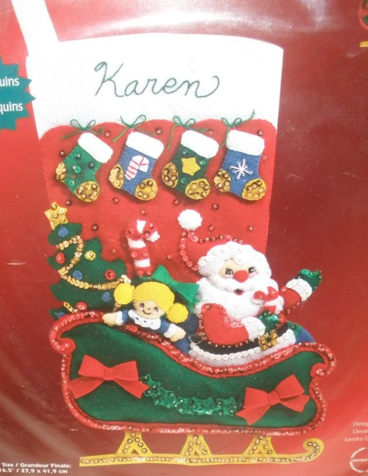 Janlynn 2004 Felt Applique Santa Sleigh Christmas Holiday Stocking Craft Kit
