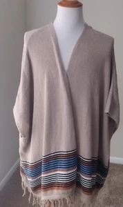 Easel Beige Striped Mid-Weight Knit Fringed Open Cardigan Poncho Western Medium - Picture 1 of 9