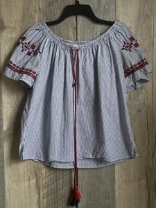 LOFT Boho Puff-Sleeve Peasant Top Women's Size Small Embroidered Summer Blouse - Picture 1 of 12