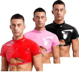 Mens Crop Top Party Vest Back Zipper Clubwear Shiny Undershirt Glossy Half Tops - Picture 1 of 42