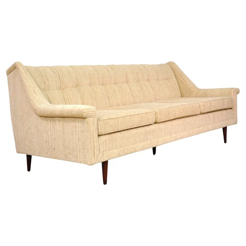 Mid-Century Modern Milo Baughman Style Walnut Cream Ivory Beige Sofa 1950s 60s Cover