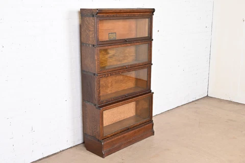 Antique Globe Wernicke Arts & Crafts Oak Four-Stack Barrister Bookcase, 1920s Cover