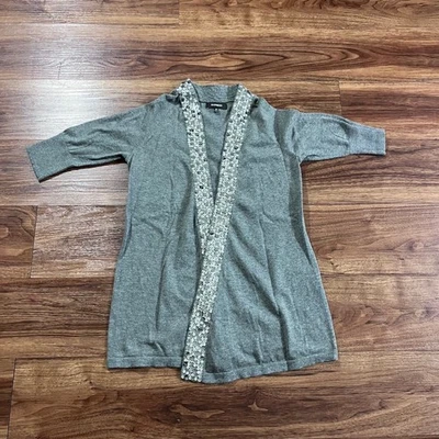 Suéter Express Frontal Abierto Lentejuelas Ribete Tejido Manga 3/4 Cárdigan Gris Para Mujer XS Foto 1 de 4