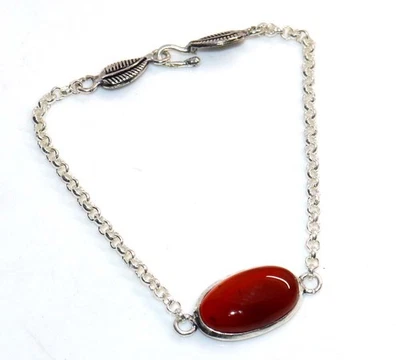 Pulsera gruesa de cornalina enchapada en plata 925 con piedras preciosas hecha a mano 7,5" GW Foto 1 de 3