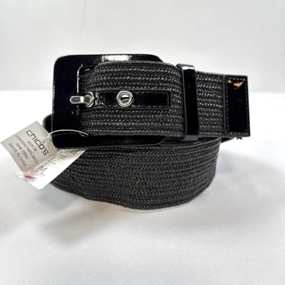 Chico's 黑色编织人造皮革 2 英寸宽时尚皮带声明扣 M 码 — 第 1/4 张图片