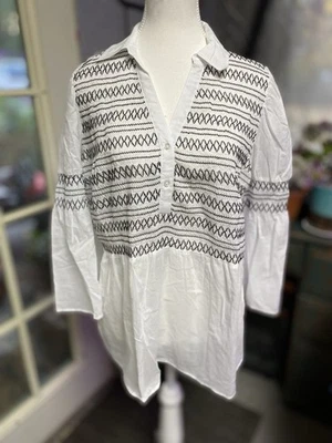 Cato New With Tags Boho Blouse Embroidered White Black Flare Sleeves Size Large - Image 1 of 4