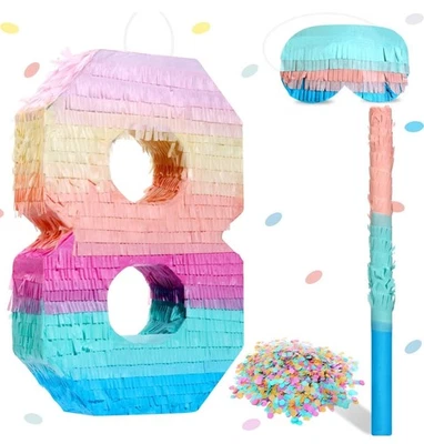 16 Inch Number 8 Piñata Kids Birthday Party Macaron Piñata with Blindfold, Stick - Image 1 of 4