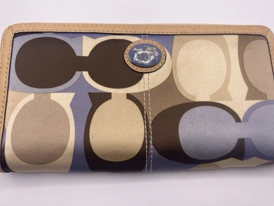 Coach Cremallera Alrededor Acordeón Seda Satinado Logo Azul Marrón Tostado Foto 1 de 4