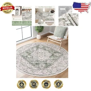 5ft Low-Pile Floral Round Rug with Non-Slip Backing for Living Room & Bedroom - Picture 1 of 9