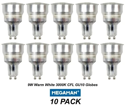 10 x 9W GU10 Compact Fluorescent Lamps Globes Bulbs 3000K Warm White CFL MEGAMAN - Image 1 of 4