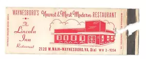 THE LINCOLN INN RESTAURANT WAYNESBORO VIRGINIA Vintage Matchbook Cover DA3-5 - Picture 1 of 2