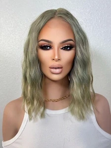 Candy Apple Green Short Wavy Bob Middle Part Synthetic Lace Front Wig, Fun Wig - Picture 1 of 9