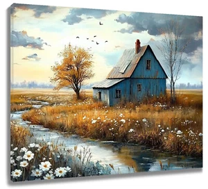 Herbst Bauernhaus Landschaft Retro Hütte Abstrakt Wandbild für Bad Wohnzimmer - Bild 1 von 15