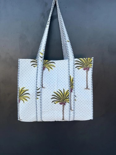 PALM ANGELS Borsa a tracolla trapuntata stampa palma bianca indiana donna spiaggia cotone borsetta