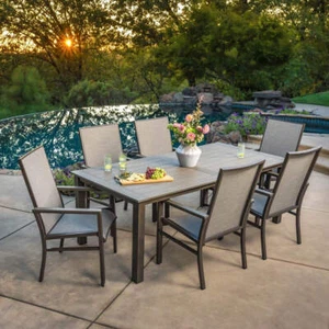 Sunvilla Nichols 7 Piece Sling Dining Patio Set with Faux Wood Table Top + Cover - Picture 1 of 8