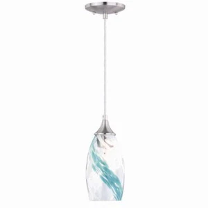 VAXCEL Pendant Ceiling Light 1-Light Bell Tinted Glass Blue Steel Satin Nickel - Picture 1 of 5