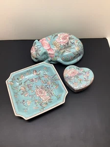 Vtg. JCP Classic Traditions 3pc Hand Painted Teal Floral Set Cat Plate Box - Picture 1 of 12