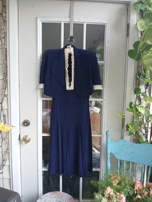 1930-х 1940-х темно-синий и кружевной платье и болеро комплект - Изображение 1 из 4