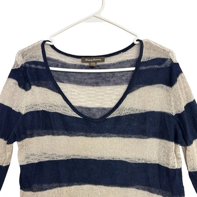 Blusa Tommy Bahama Y2K Boho praia transparente manga 3/4 100% linho M listra azul - Imagem 1 de 4