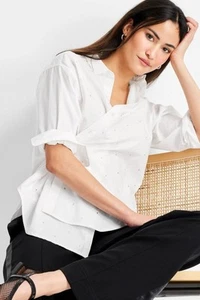 Women's Future Collective XS NWT WhitEmbellished Asymmetrical Button-Down Shirt - Picture 1 of 6