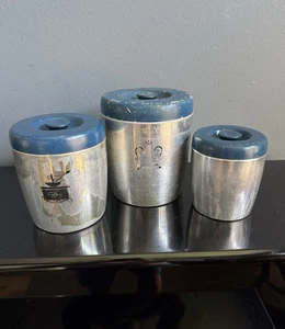 Vintage 3 Piece West Bend Aluminum Canister Set - Rare Blue Lids Great Character - Picture 1 of 7