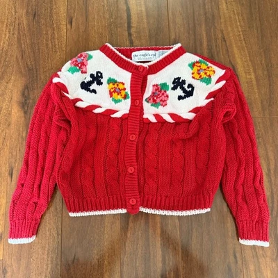 Cardigã suéter vintage 1992 The Eagle’s Eye infantil malha cabo vermelho pequeno 6X - Imagem 1 de 4