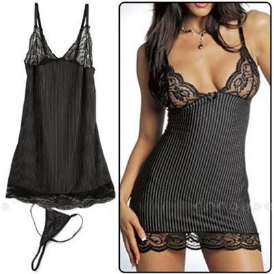 Black Sexy Lingerie Women Stripe Lace Robe Dress Babydoll Nightdress Sleepwear M - Image 1 of 4