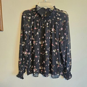 Madewell XS Smocked Mockneck Black Floral Long Sleeve - Picture 1 of 7