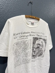 Vintage 1994 Kurt Cobain Newspaper Article Memorial White Tee Shirt Size XL - Bild 1 von 5