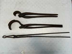 Lot of 3 Vintage Forged Blacksmith Tools; Tongs; Pincers Pliers; Forge Tools - Picture 1 of 9