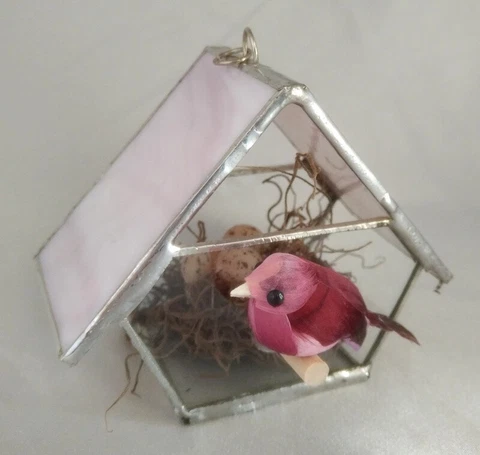Handmade Pink Stained Glass Hanging Mini Birdhouse w/ Realistic Bird, Eggs, Nest Cover