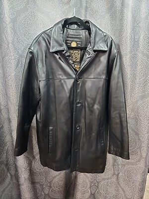 Vintage Andrew Marc New York Men's Black Leather Coat Jacket Size L 1990s FC-04 - Image 1 of 4