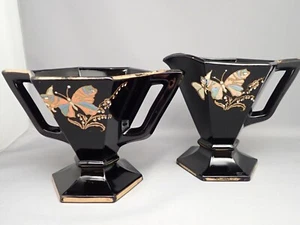 Vintage Art Deco Hexagon Black Glass Sugar & Creamer With Butterfly Decoration - Bild 1 von 8