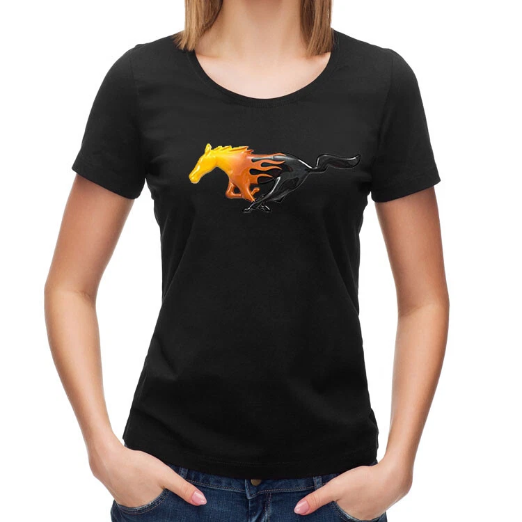 Camiseta negra Mustang Flaming Running Horse para dama ¡EXCLUSIVA! ¡Envío gratis a Estados Unidos! Foto 1 de 3